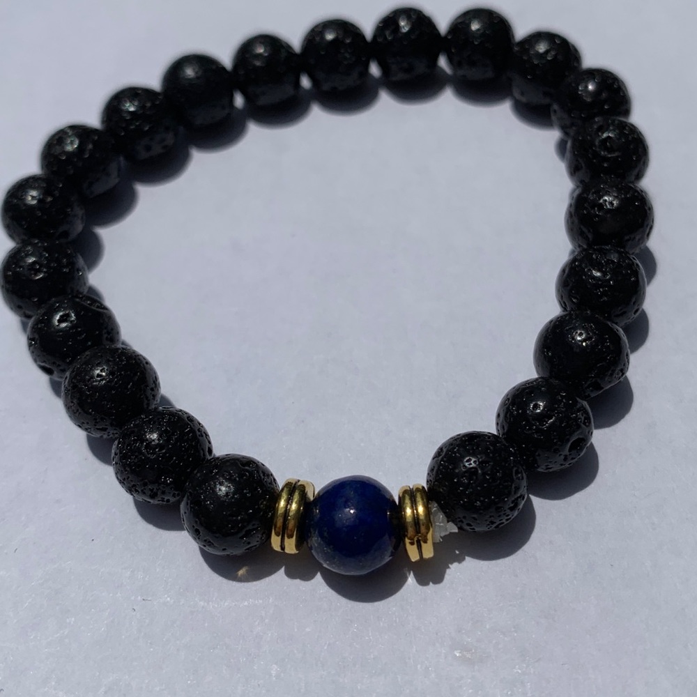 Dark Blue Marble Bead Black Lava Stone Bracelet